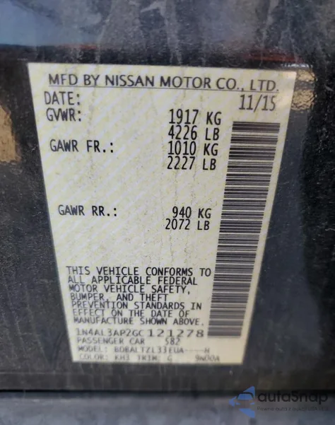 2016 Nissan Altima 2.5 from USA, damaged, VIN 1N4AL3AP2GC121278